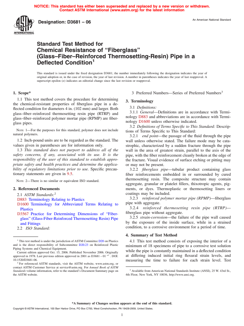 ASTM D3681-06 - Standard Test Method for Chemical Resistance of "Fiberglass" (Glass-Fiber-Reinforced Thermosetting-Resin) Pipe in a Deflected Condition