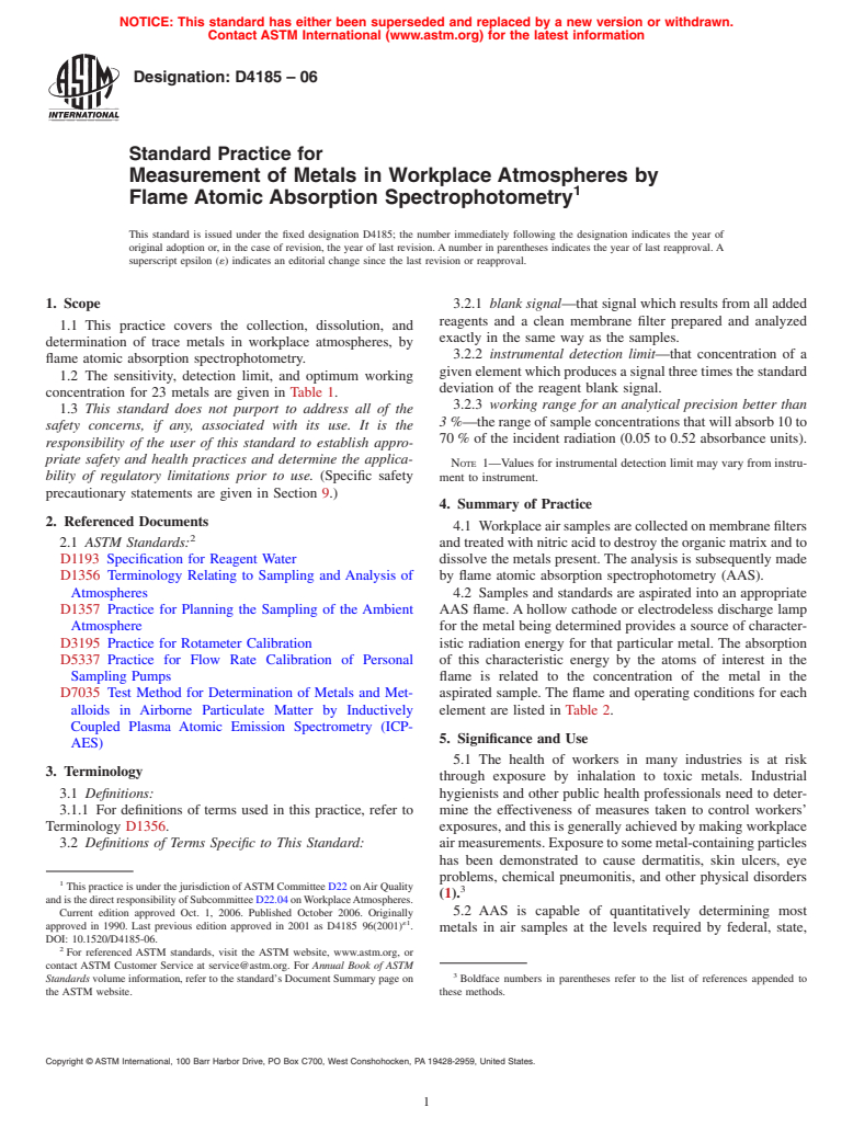 ASTM D4185-06 - Standard Practice for Measurement of Metals in Workplace Atmospheres by Flame Atomic Absorption Spectrophotometry