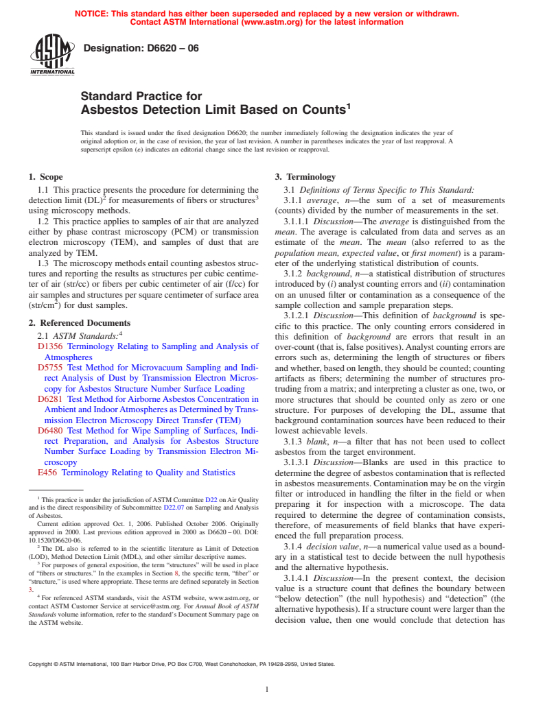 ASTM D6620-06 - Standard Practice for Asbestos Detection Limit Based on Counts