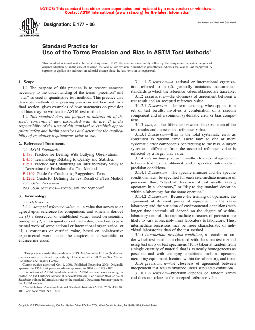 ASTM E177-06 - Standard Practice for Use of the Terms Precision and Bias in ASTM Test Methods