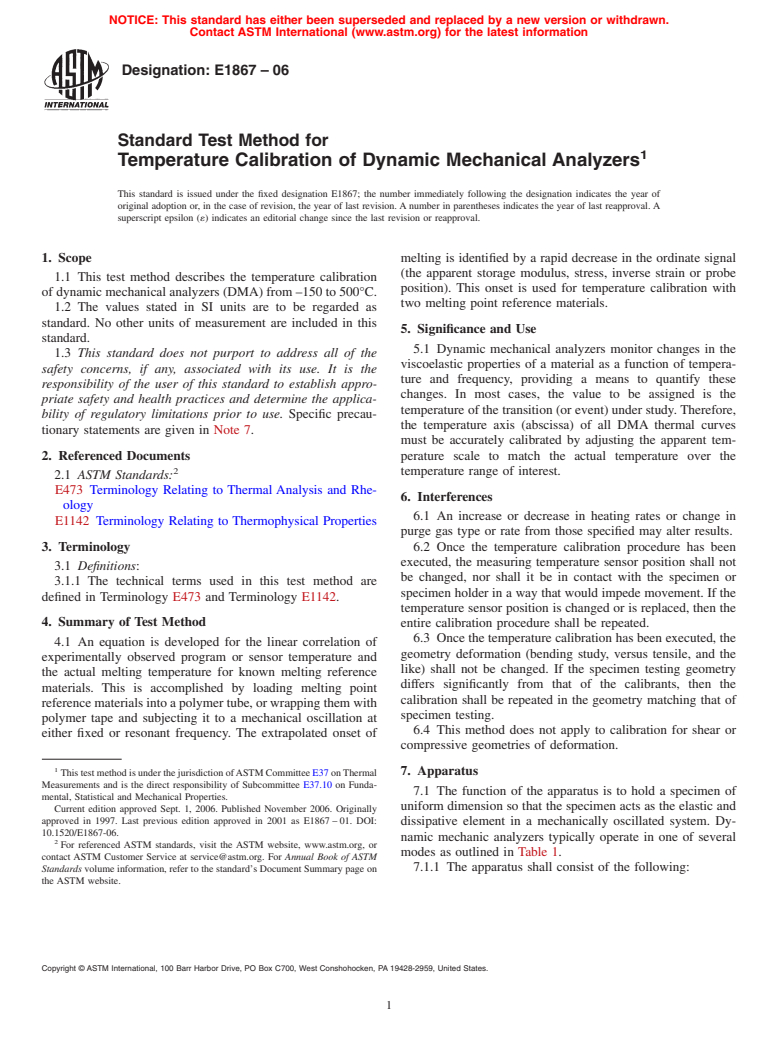 ASTM E1867-06 - Standard Test Method for Temperature Calibration of Dynamic Mechanical Analyzers