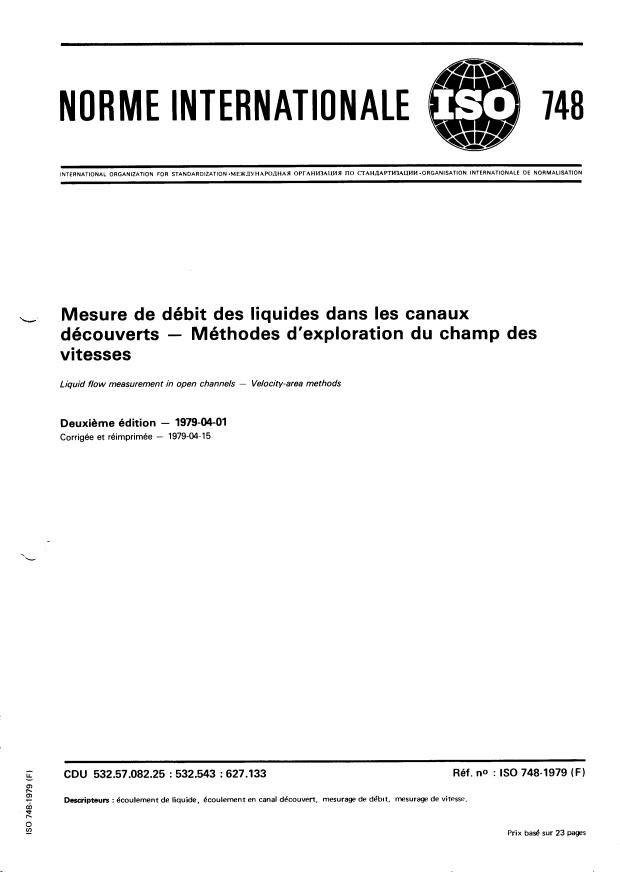 ISO 748:1979 - Mesure de débit des liquides dans les canaux découverts -- Méthodes d'exploration du champ des vitesses