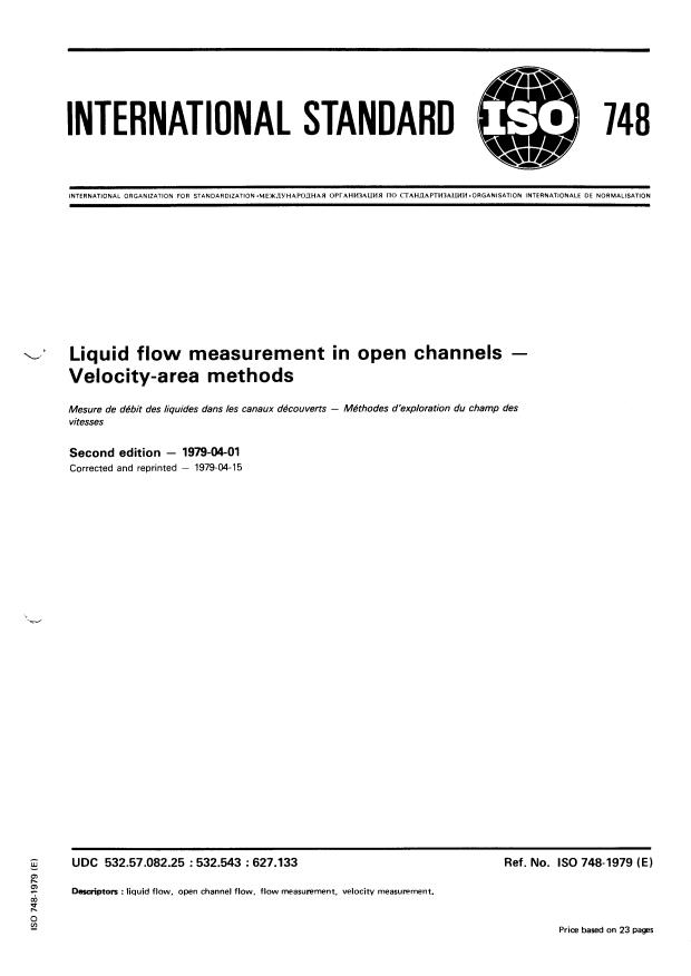 ISO 748:1979 - Liquid flow measurement in open channels -- Velocity-area methods