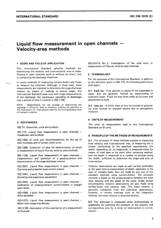 ISO 748:1979 - Liquid flow measurement in open channels -- Velocity-area methods