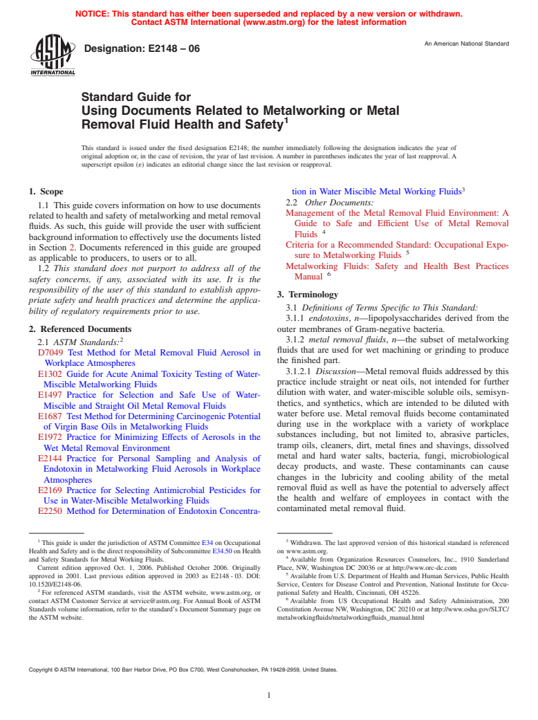 ASTM E2148-06 - Standard Guide for Using Documents Related to Metalworking or Metal Removal Fluid Health and Safety