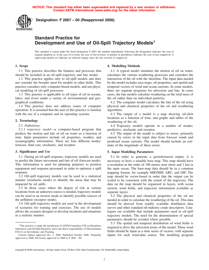 ASTM F2067-00(2006) - Standard Practice for Development and Use of Oil-Spill Trajectory Models