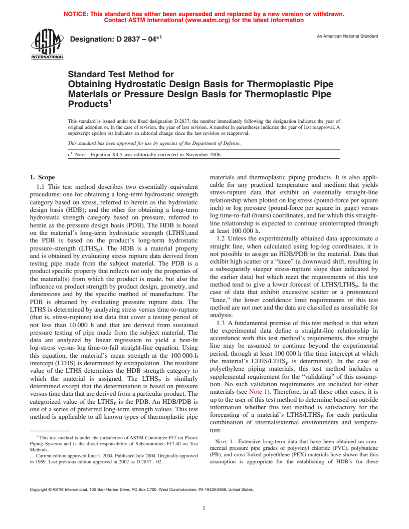 ASTM D2837-04e1 - Standard Test Method for Obtaining Hydrostatic Design Basis for Thermoplastic Pipe Materials or Pressure Design Basis for Thermoplastic Pipe Products