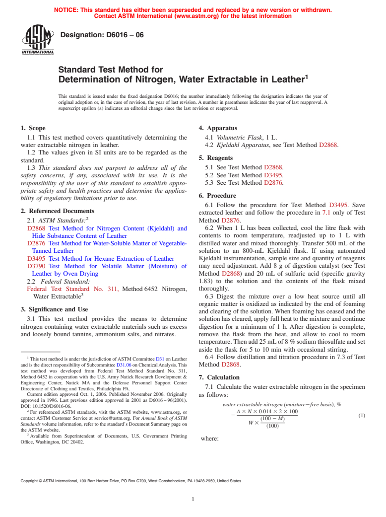 ASTM D6016-06 - Standard Test Method for Determination of Nitrogen, Water Extractable in Leather