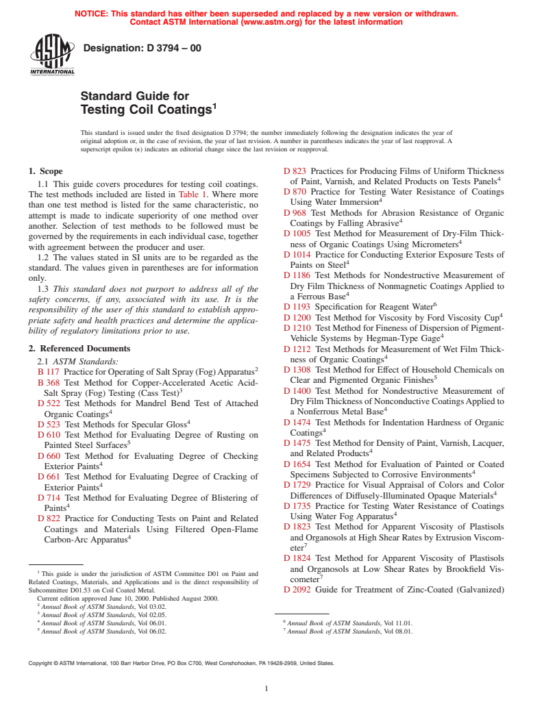 ASTM D3794-00 - Standard Guide for Testing Coil Coatings (Withdrawn 2009)