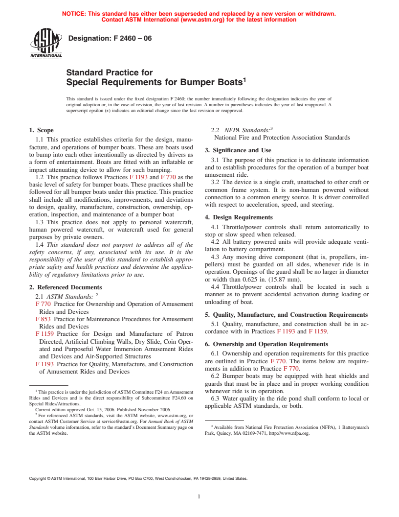 ASTM F2460-06 - Standard Practice for Special Requirements for Bumper Boats