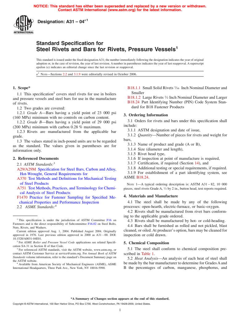 ASTM A31-04e1 - Standard Specification for Steel Rivets and Bars for Rivets, Pressure Vessels