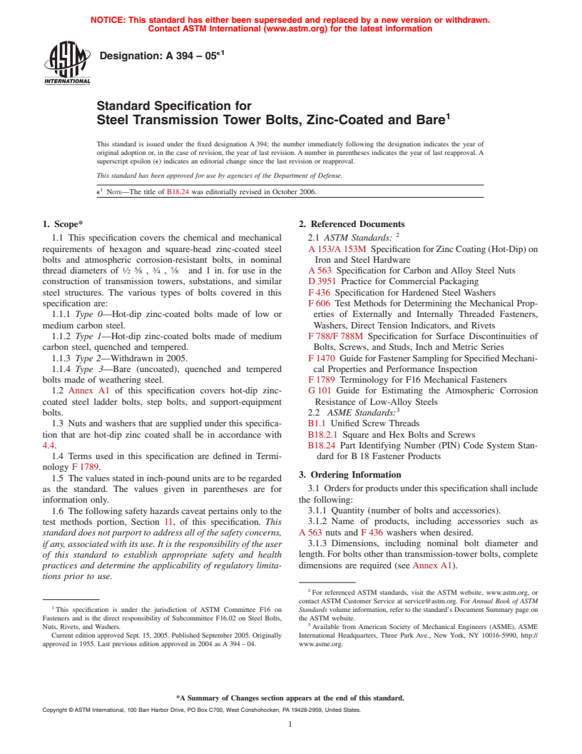 ASTM A394-05e1 - Standard Specification for Steel Transmission Tower Bolts, Zinc-Coated and Bare