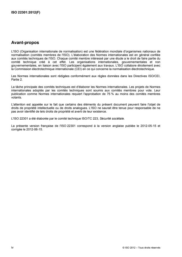 ISO 22301:2012 ISO 22301:2012 - Sécurité sociétale -- Systemes de management de la continuité d'activité -- Exigences - Page 4 preview