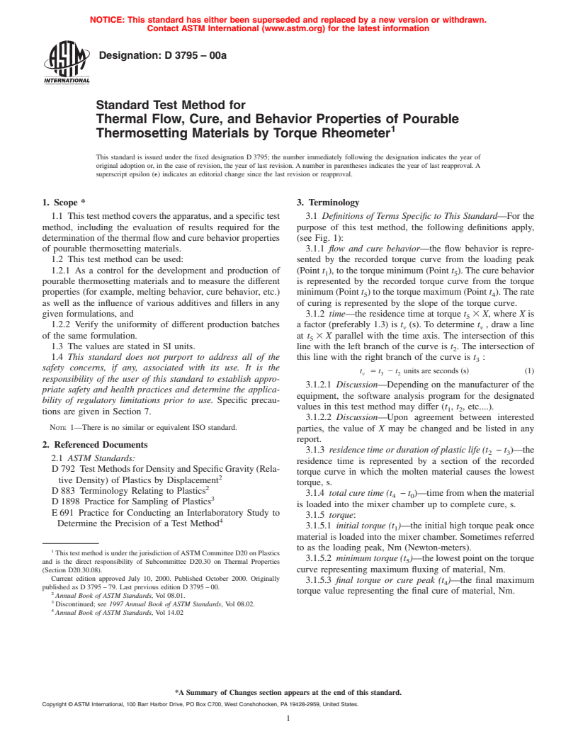 ASTM D3795-00a - Standard Test Method for Thermal Flow, Cure, and Behavior Properties of Pourable Thermosetting Materials by Torque Rheometer