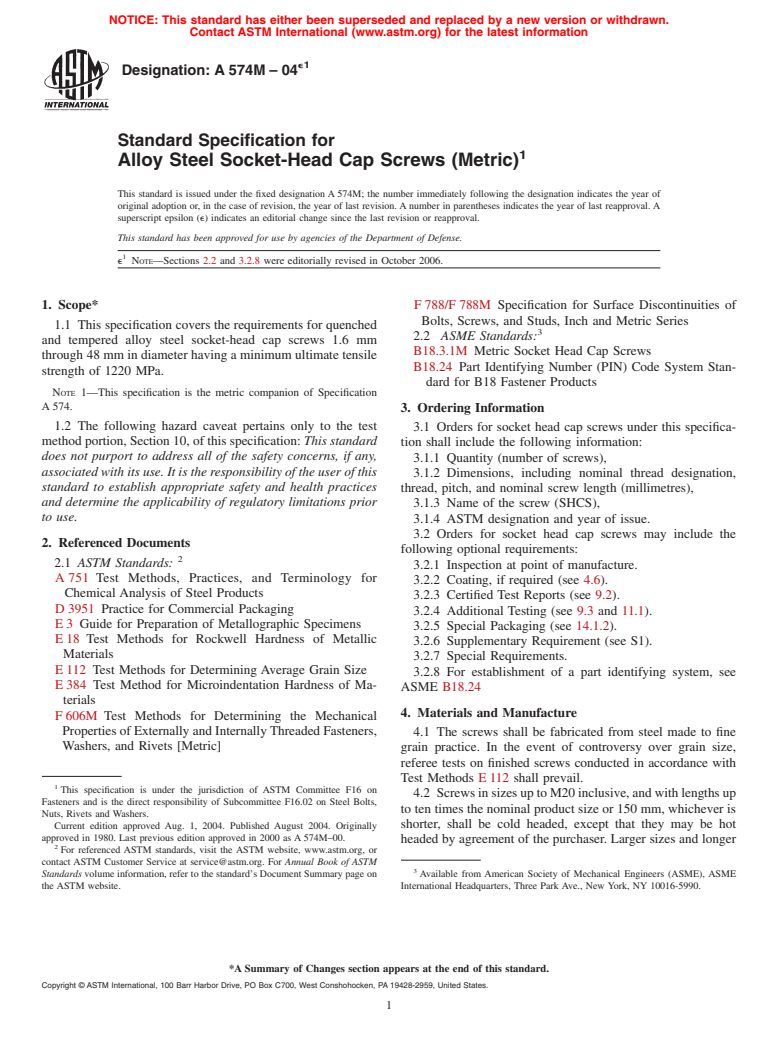 ASTM A574M-04e1 - Standard Specification for Alloy Steel Socket-Head Cap Screws [Metric]