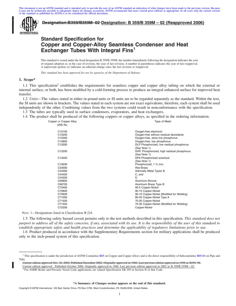 REDLINE ASTM B359/B359M-02(2006) - Standard Specification for Copper and Copper-Alloy Seamless Condenser and Heat Exchanger Tubes With Integral Fins