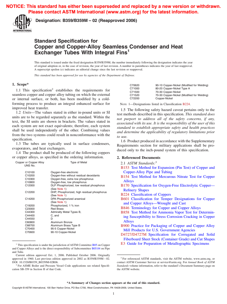 ASTM B359/B359M-02(2006) - Standard Specification for Copper and Copper-Alloy Seamless Condenser and Heat Exchanger Tubes With Integral Fins