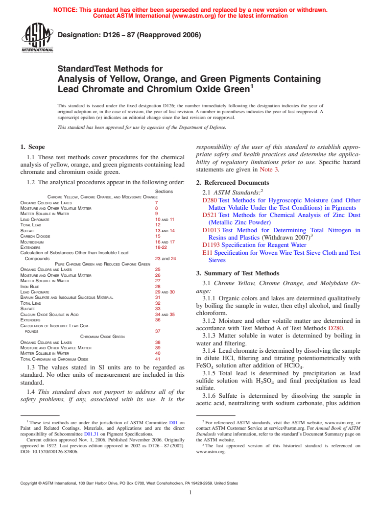 ASTM D126-87(2006) - Standard Test Methods for Analysis of Yellow, Orange, and Green Pigments Containing Lead Chromate and Chromium Oxide Green