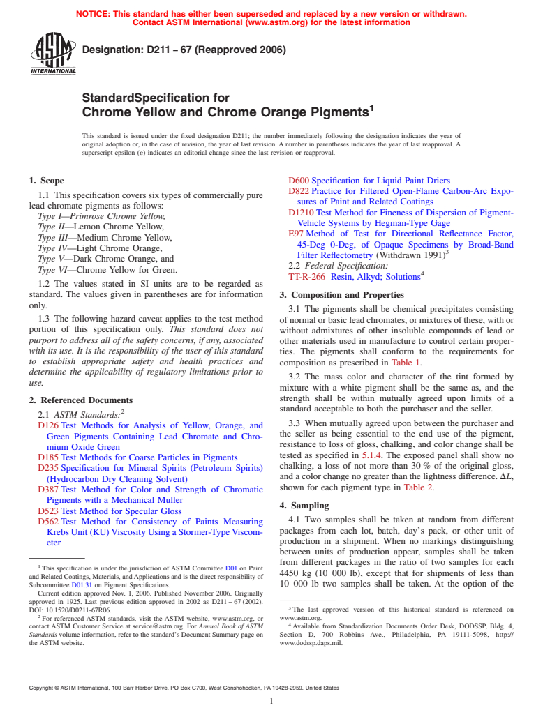 ASTM D211-67(2006) - Standard Specification for Chrome Yellow and Chrome Orange Pigments