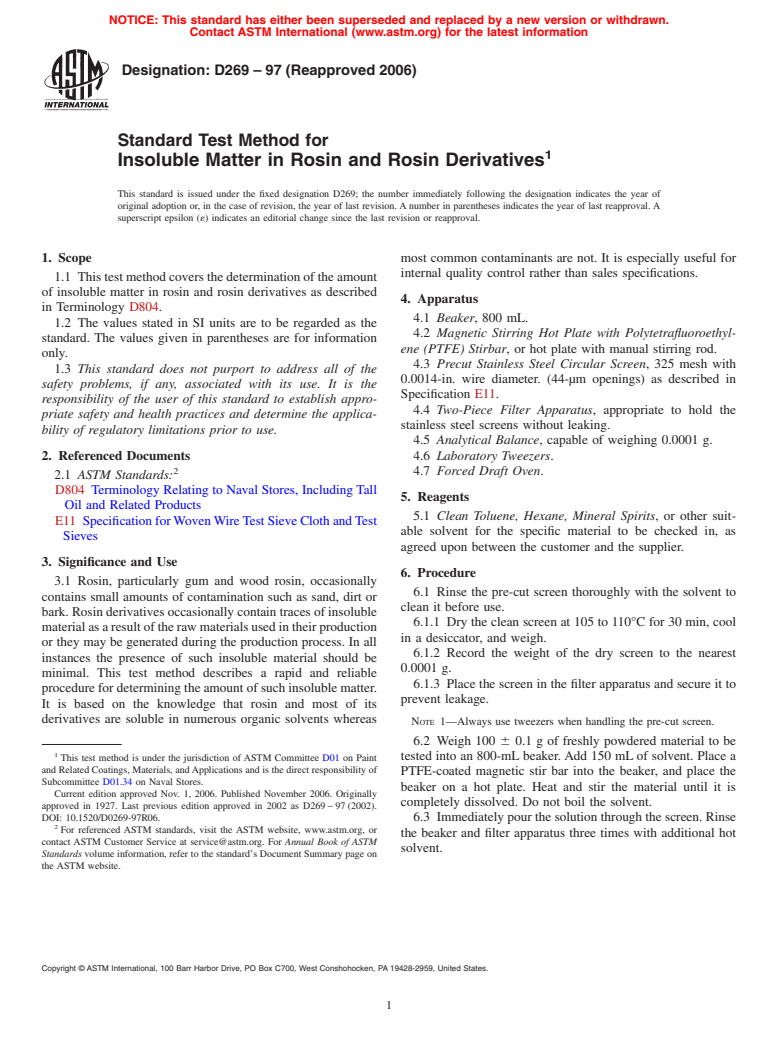 ASTM D269-97(2006) - Standard Test Method for Insoluble Matter in Rosin and Rosin Derivatives