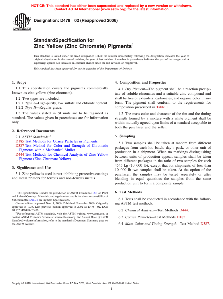 ASTM D478-02(2006) - Standard Specification for Zinc Yellow (Zinc Chromate) Pigments