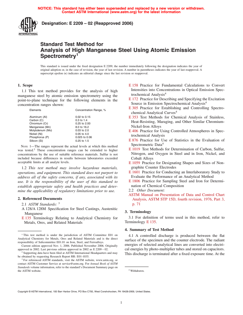 ASTM E2209-02(2006) - Standard Test Method for Analysis of High Manganese Steel Using Atomic Emission Spectrometry