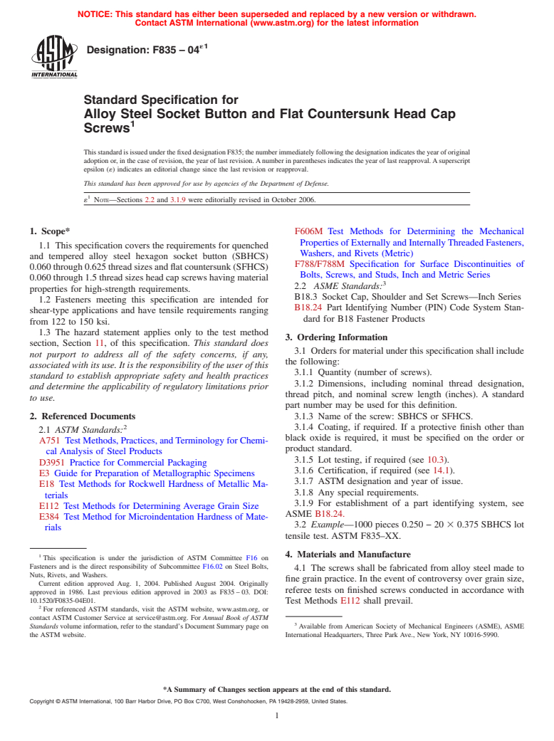 ASTM F835-04e1 - Standard Specification for Alloy Steel Socket Button and Flat Countersunk Head Cap Screws