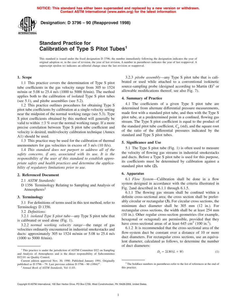 ASTM D3796-90(1998) - Standard Practice for Calibration of Type S Pitot Tubes