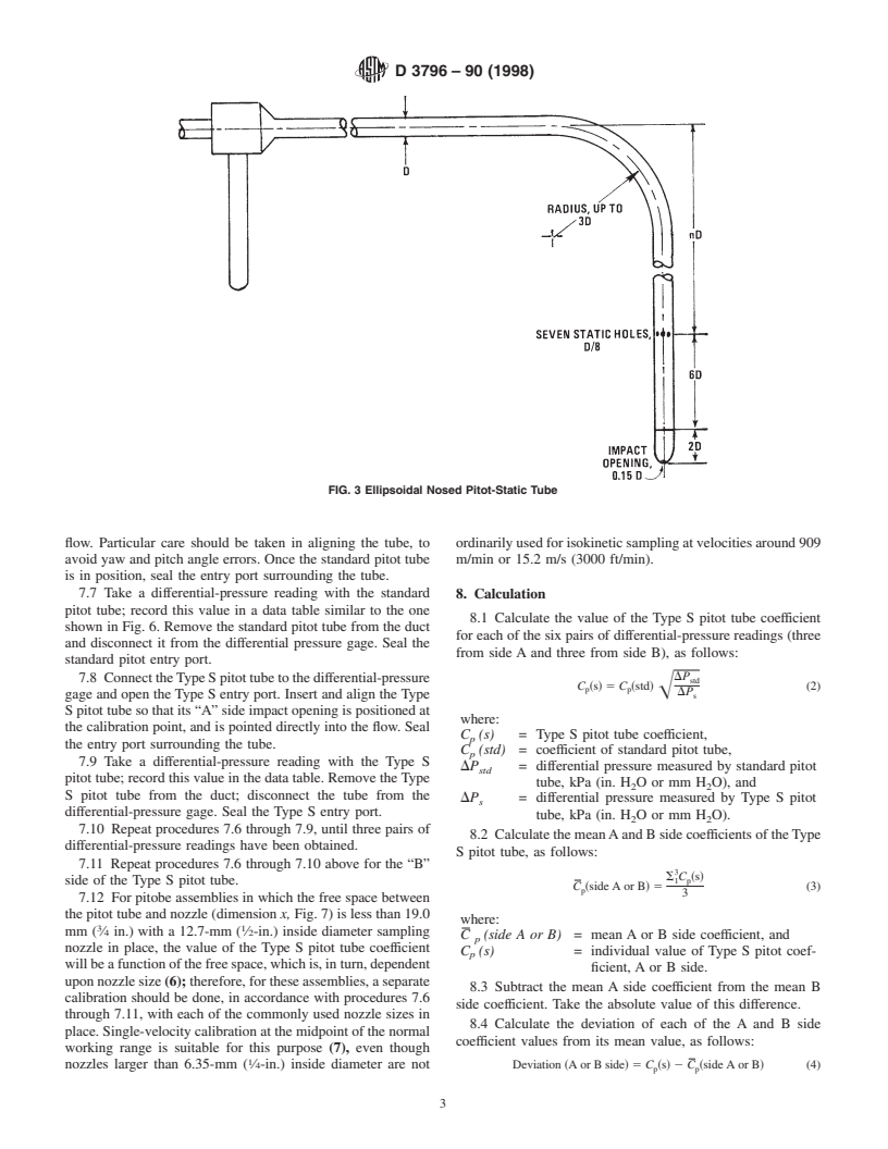 ASTM D3796-90(1998) - Standard Practice for Calibration of Type S Pitot Tubes