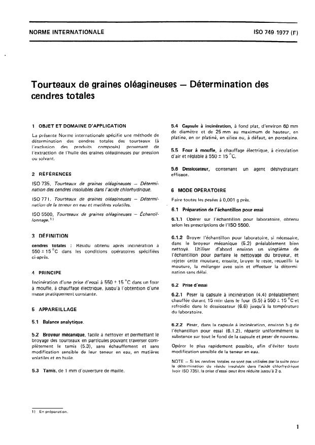 ISO 749:1977 - Tourteaux de graines oléagineuses -- Détermination des cendres totales