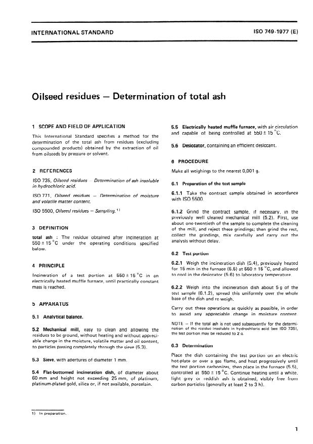 ISO 749:1977 - Oilseed residues -- Determination of total ash