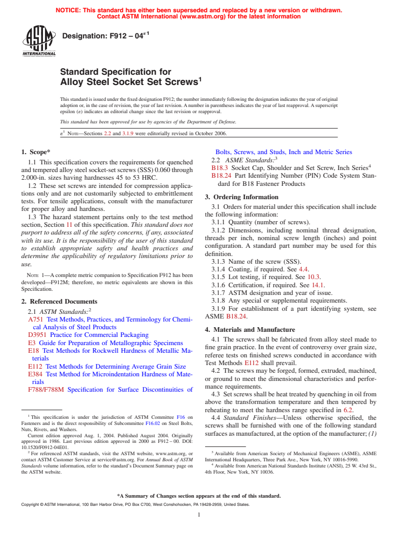 ASTM F912-04e1 - Standard Specification for Alloy Steel Socket Set Screws