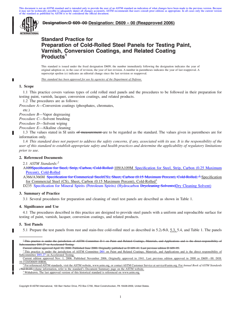 REDLINE ASTM D609-00(2006) - Standard Practice for Preparation of Cold-Rolled Steel Panels for Testing Paint, Varnish, Conversion Coatings, and Related Coating Products