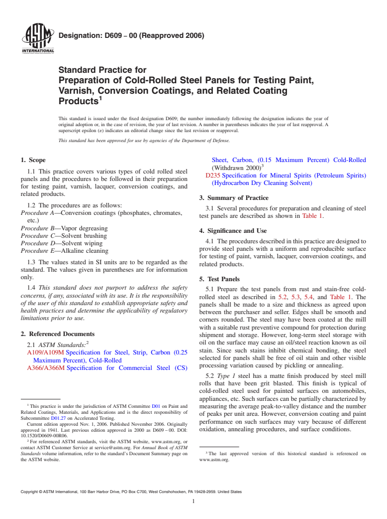 ASTM D609-00(2006) - Standard Practice for Preparation of Cold-Rolled Steel Panels for Testing Paint, Varnish, Conversion Coatings, and Related Coating Products