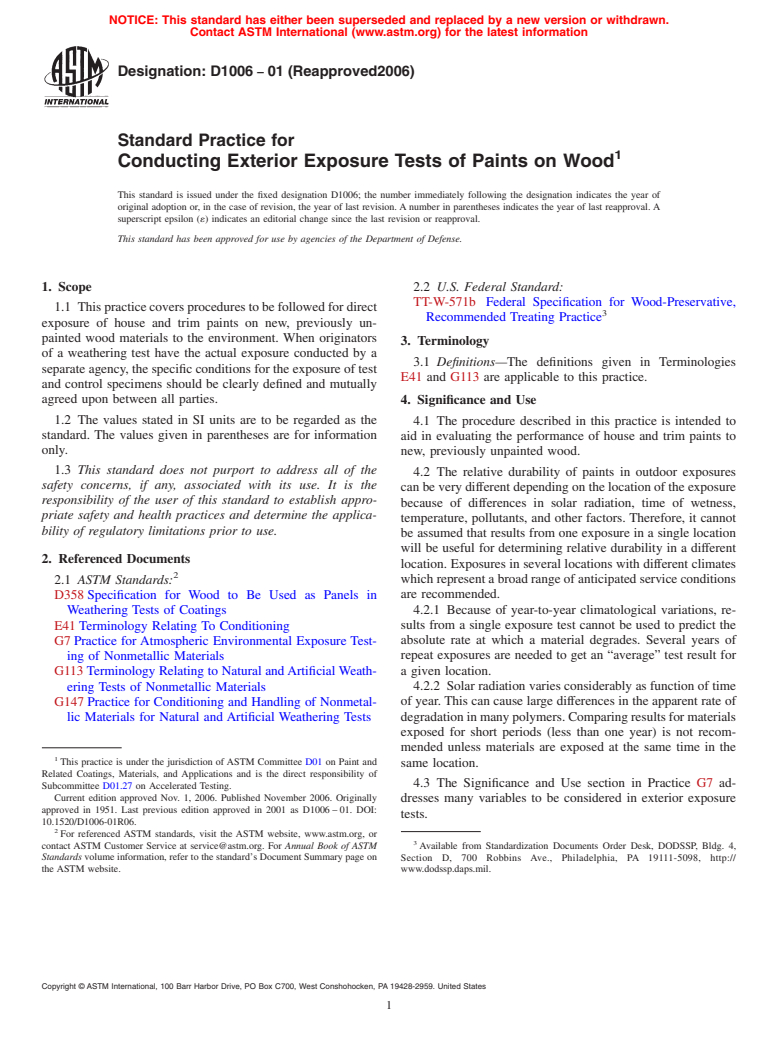 ASTM D1006-01(2006) - Standard Practice for Conducting Exterior Exposure Tests of Paints on Wood