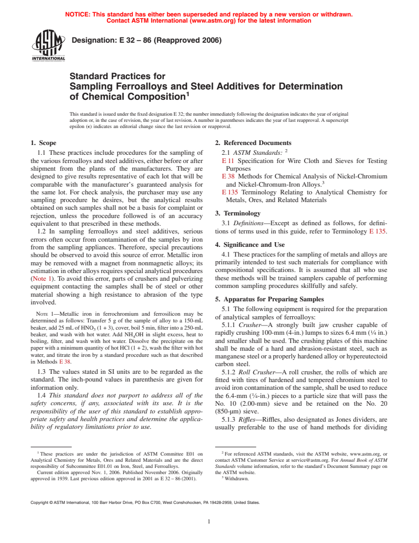 ASTM E32-86(2006) - Standard Practices for Sampling Ferroalloys and Steel Additives for Determination of Chemical Composition