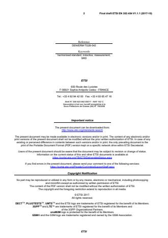 SIST EN 303 454 V1.1.1:2018 ETSI EN 303 454 V1.1.1 (2017-10) - Short Range Devices (SRD); Metal and object detection sensors in the frequency range 1 kHz to 148,5 kHz; Harmonised Standard covering the essential requirements of article 3.2 of Directive 2014/53/EU - Page 2 preview