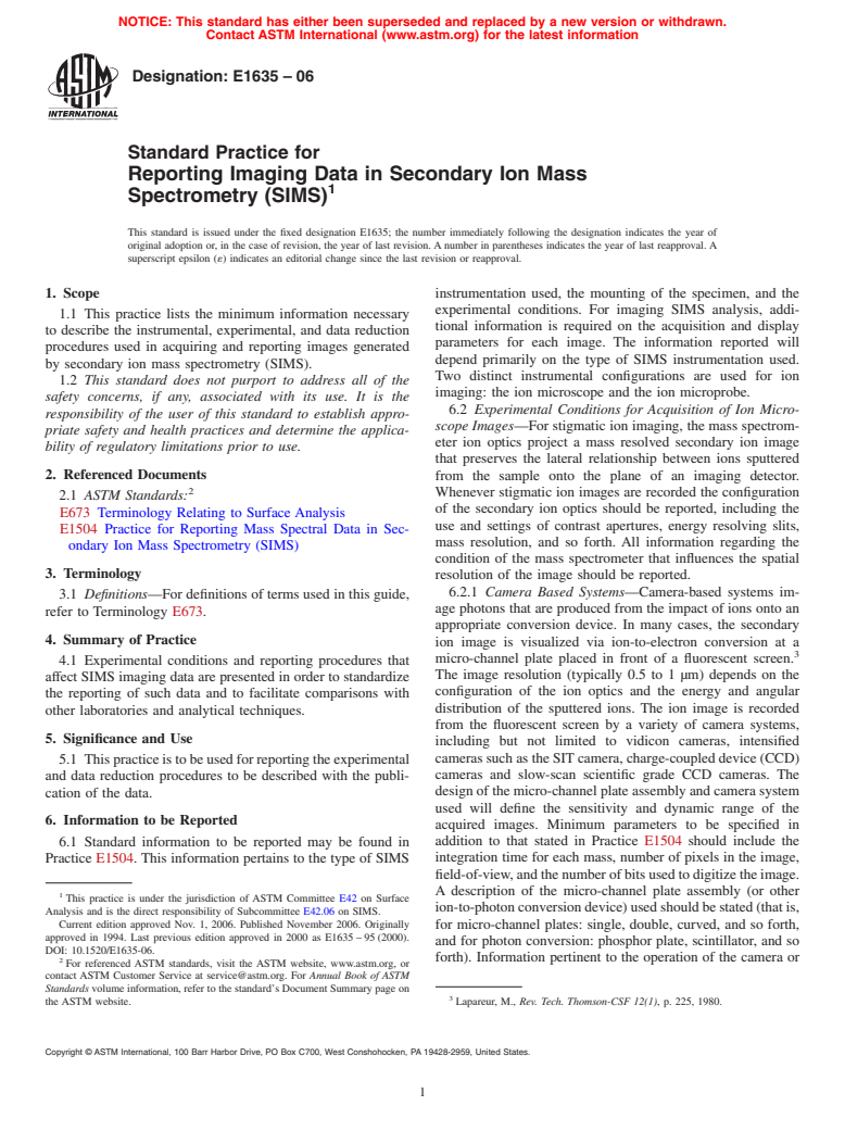 ASTM E1635-06 - Standard Practice for Reporting Imaging Data in Secondary Ion Mass Spectrometry (SIMS)