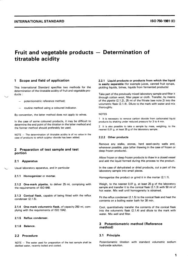 ISO 750:1981 - Fruit and vegetable products -- Determination of titratable acidity