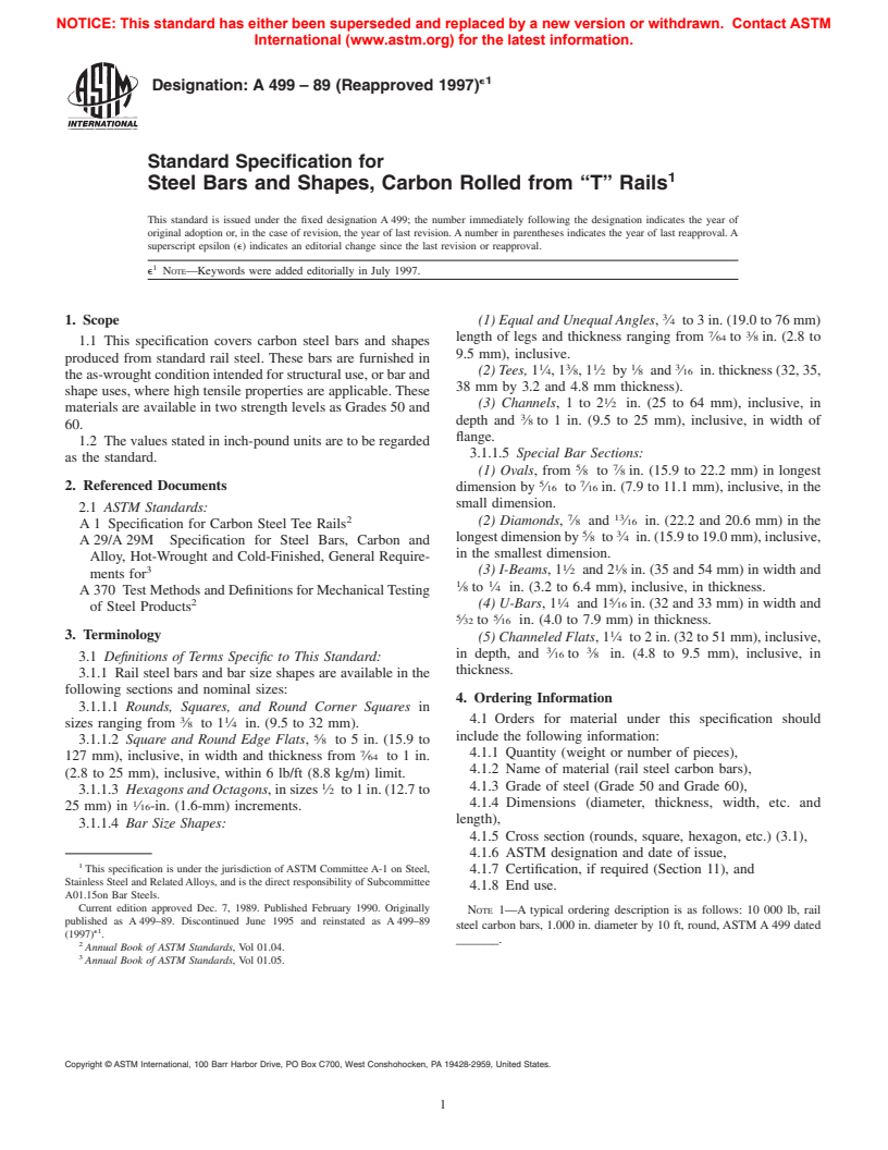 ASTM A499-89(1997)e1 - Standard Specification for Steel Bars and Shapes, Carbon Rolled from "T" Rails