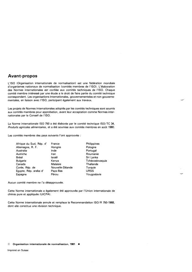 ISO 750:1981 ISO 750:1981 - Produits dérivés des fruits et légumes -- Détermination de l'acidité titrable - Page 2 preview