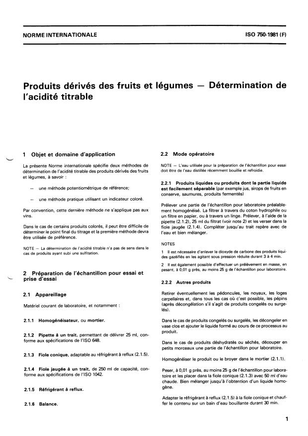 ISO 750:1981 - Produits dérivés des fruits et légumes -- Détermination de l'acidité titrable
