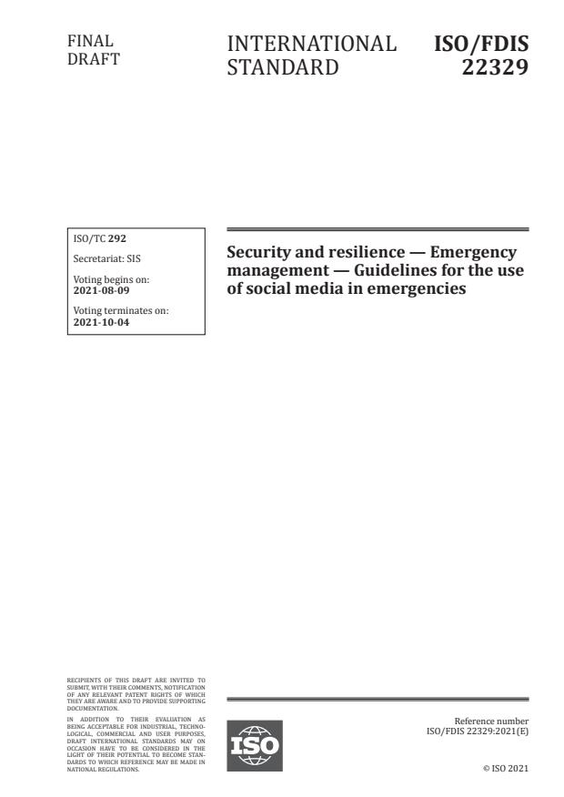 ISO/FDIS 22329:Version 07-avg-2021 - Security and resilience -- Emergency management -- Guidelines for the use of social media in emergencies