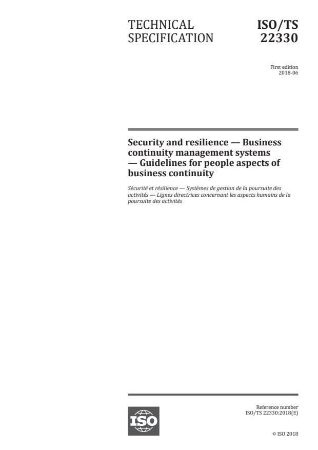 ISO/TS 22330:2018 - Security and resilience -- Business continuity management systems -- Guidelines for people aspects of business continuity