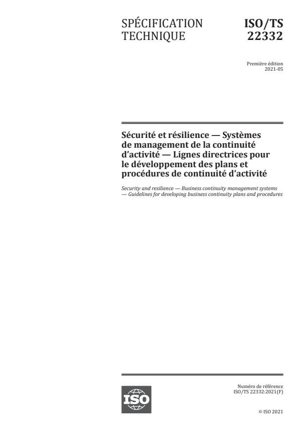 ISO/TS 22332:2021 - Sécurité et résilience -- Systèmes de management de la continuité d’activité -- Lignes directrices pour le développement des plans et procédures de continuité d’activité