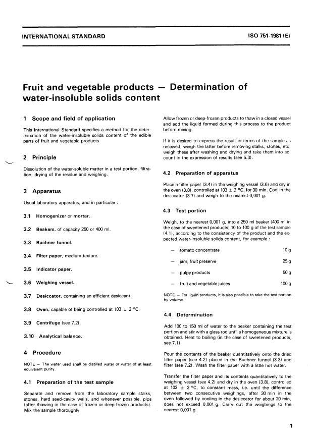 ISO 751:1981 - Fruit and vegetable products -- Determination of water-insoluble solids content