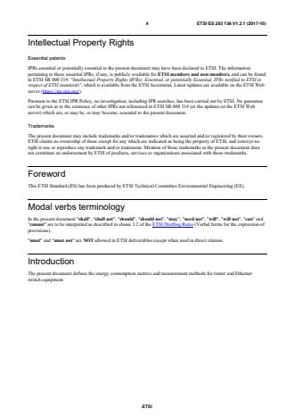 SIST ES 203 136 V1.2.1:2018 ETSI ES 203 136 V1.2.1 (2017-10) - Environmental Engineering (EE); Measurement methods for energy efficiency of router and switch equipment - Page 4 preview