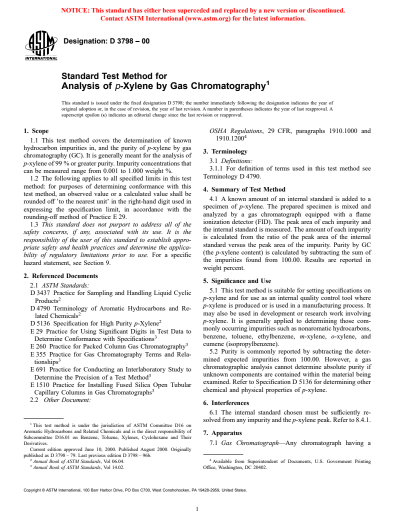 ASTM D3798-00 - Standard Test Method for Analysis of <I>p</I>-Xylene by Gas Chromatography