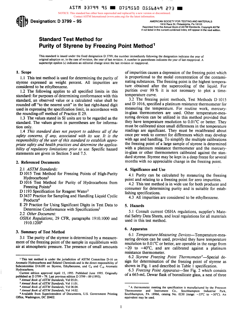 ASTM D3799-95 - Standard Test Method for Purity of Styrene by Freezing Point Method (Withdrawn 2000)