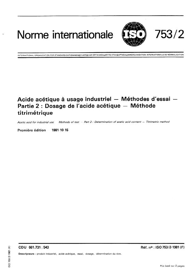 ISO 753-2:1981 - Acide acétique a usage industriel -- Méthodes d'essai